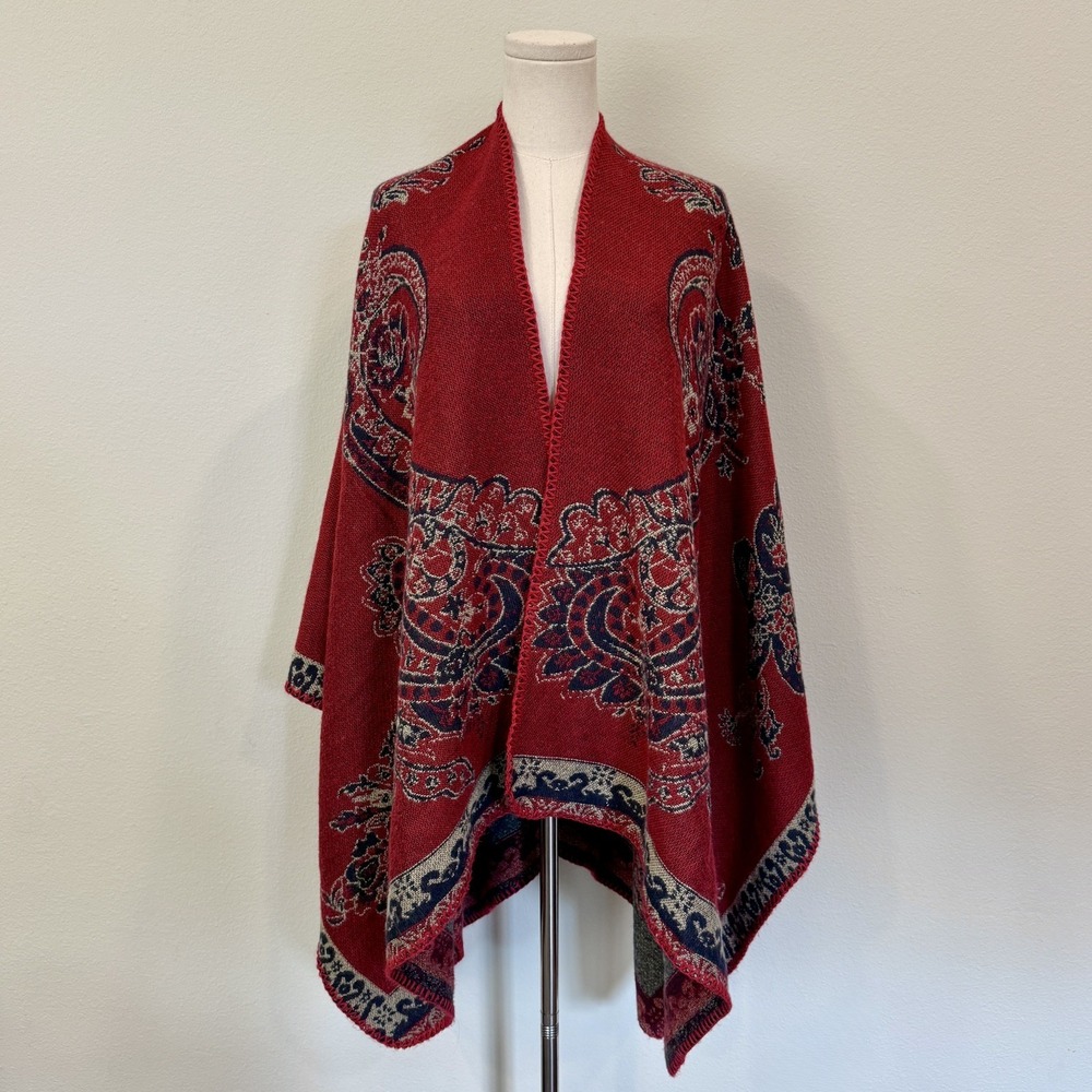Le Moda Red Paisley Ruana Wrap Poncho Cape One Size Boho